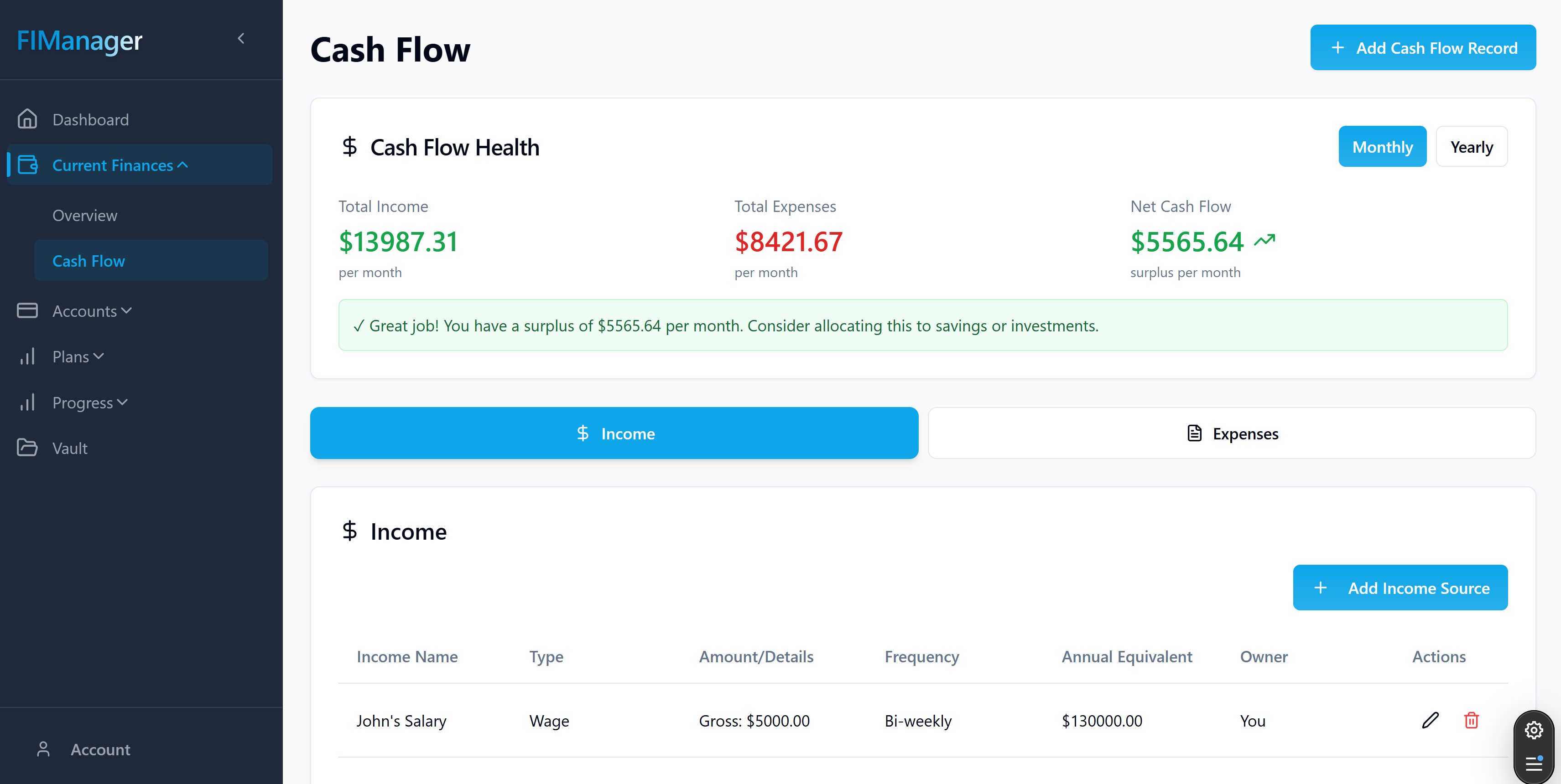 Financial overview dashboard with net worth insights