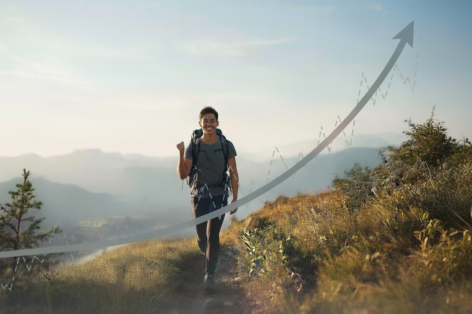 Person hiking on a mountain trail with an upward trending arrow overlay.