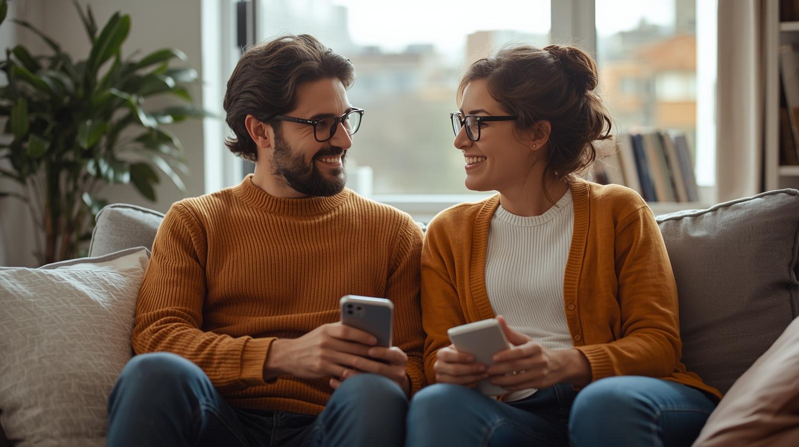 Couple sitting together on couch looking at their phones and discussing finances.